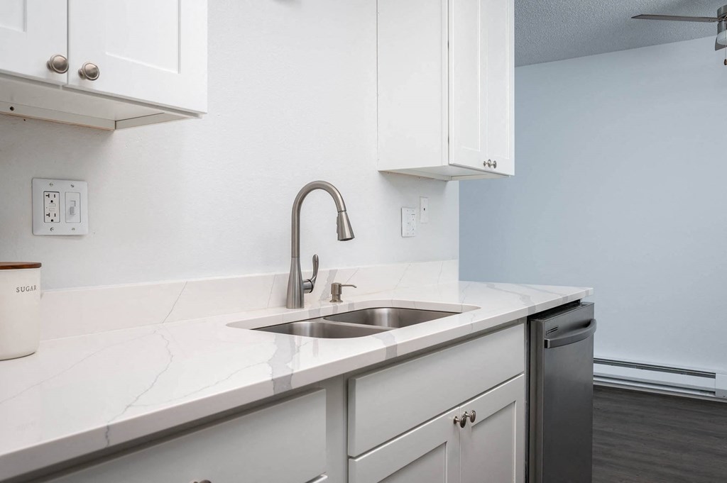 a kitchen with white cabinets and a sink